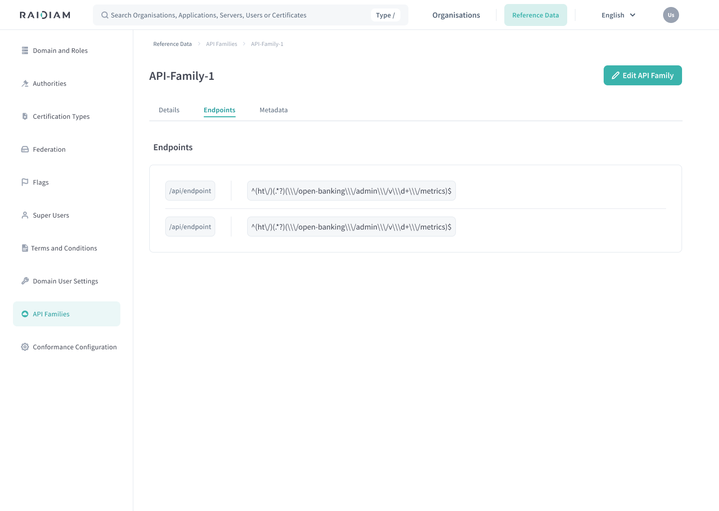 API Family endpoints tab