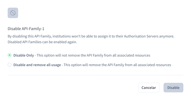 Disable API Family modal